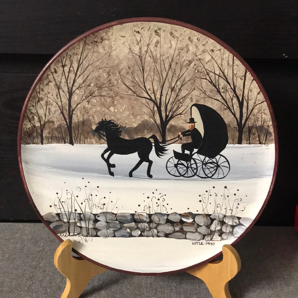 Vintage 1990 signed oil on wooden plate painting